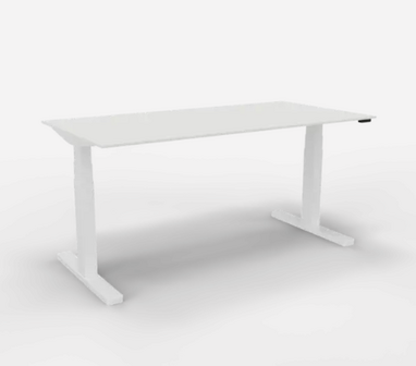 Alvero Zit-sta bureau, elektrisch in hoogte te verstellen van 65 naar 130 cm., afm. 160 x 80 cm. Blad 18 mm., bladkleur wit.T-poot onderstel in wit Let op; geleverd zonder kabelgoot