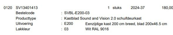 Topblad wit RAL 9016 t.b.v. schuifdeurkast Sound and Vision 2.0, afm. 200x46,5 cm. / Nieuw